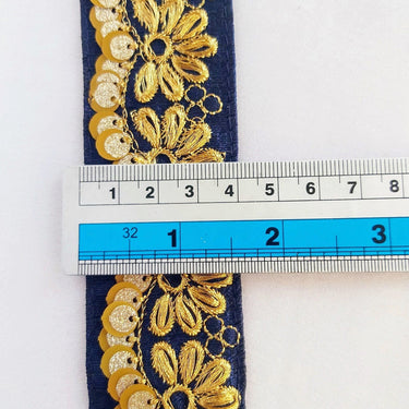 Indian Sari Trim, Blue Art Silk Fabric With Gold Thread Embroidered Flowers Trim, Gold Sequins